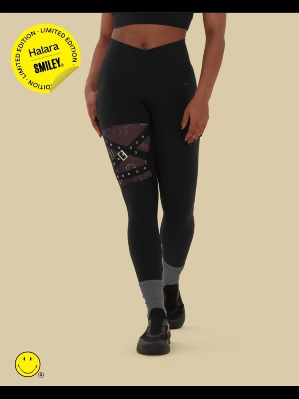 Halara x Smiley Limited Edition Leggings | Black Mesh Strap Detail | Brand New